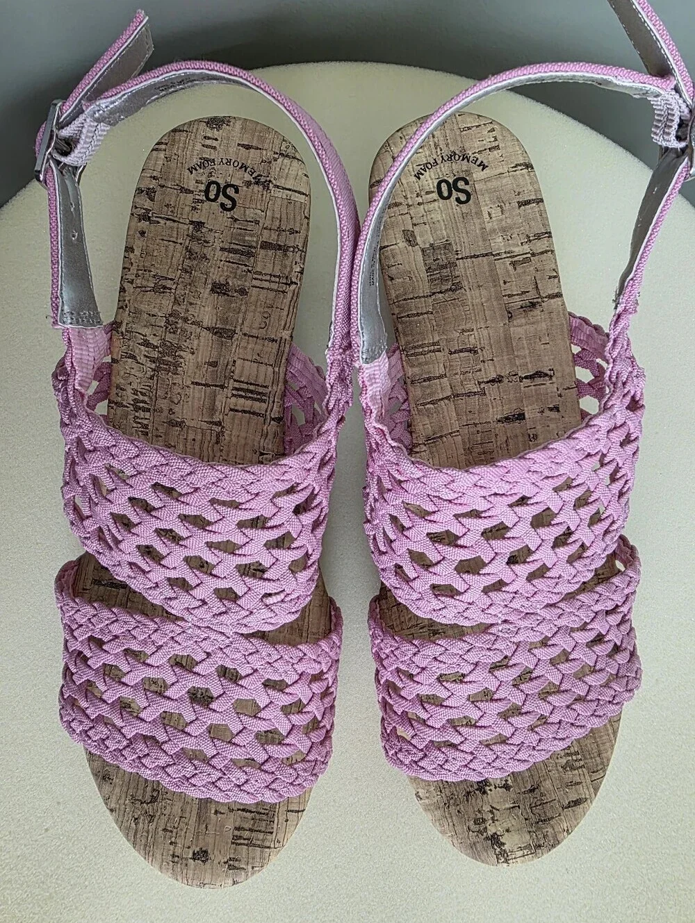 SO Adrienne Girls Light Pink Woven Cork Wedge Sandals - Size 5 - Memory Foam NEW